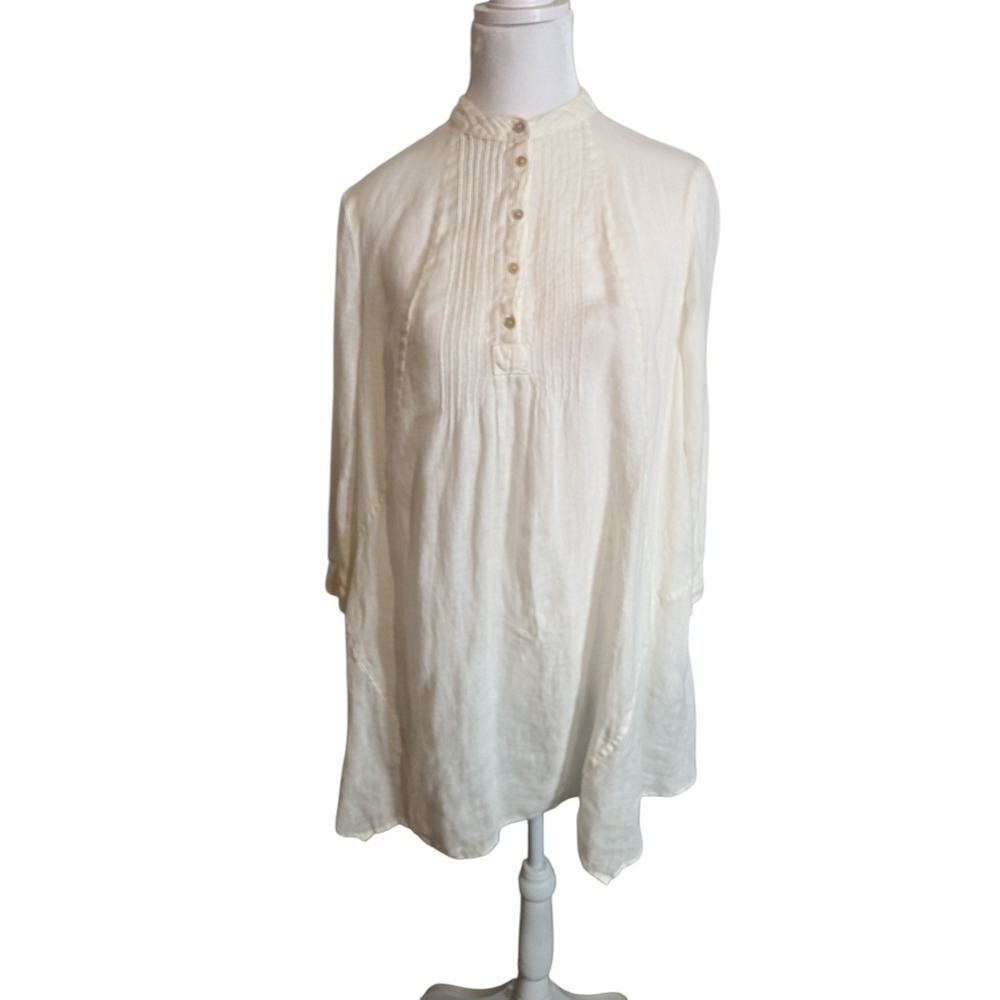 J. Jill Love Linen Tunic Top XS Ivory Off White Pintuck Pleated Button Up Linen